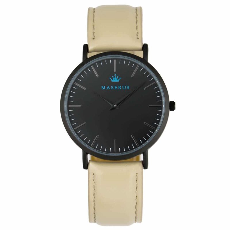 Main product image for mens black case, blue logo, tan leather strap watch.