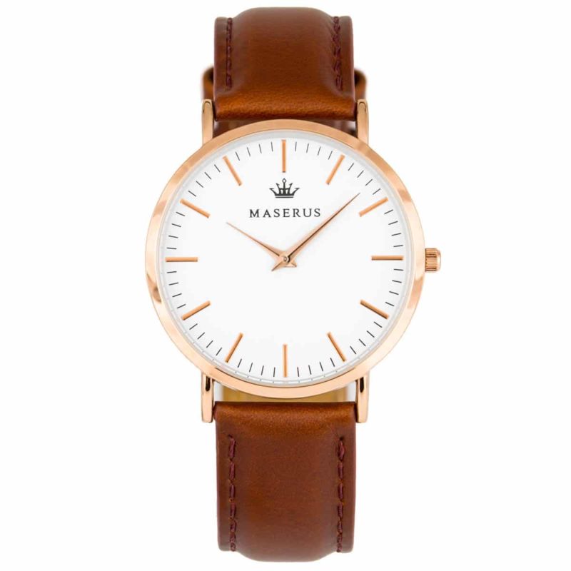 Main product image for mens rose gold case, brown leather strap watch.