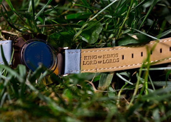 Back of womens watch strap that reads "Lord of Lords King of Kings".