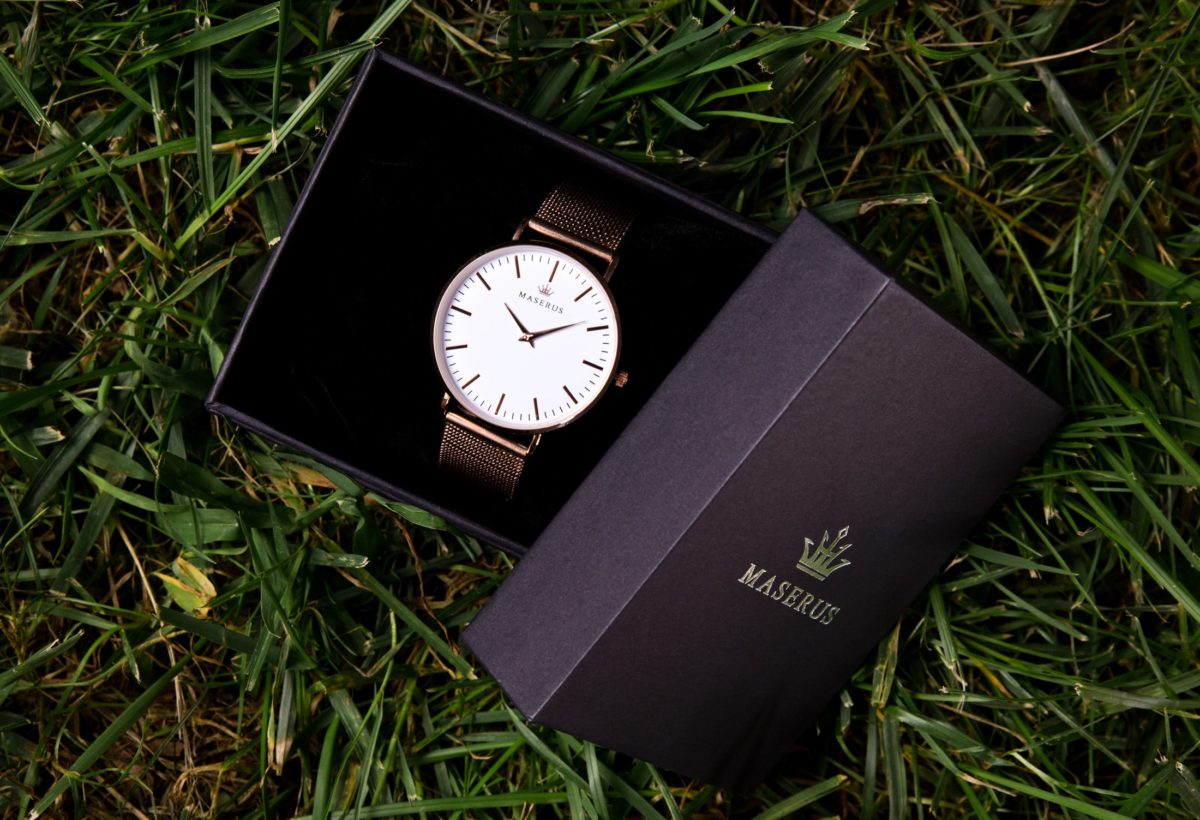Product image three of womens rose gold mesh watch with box.