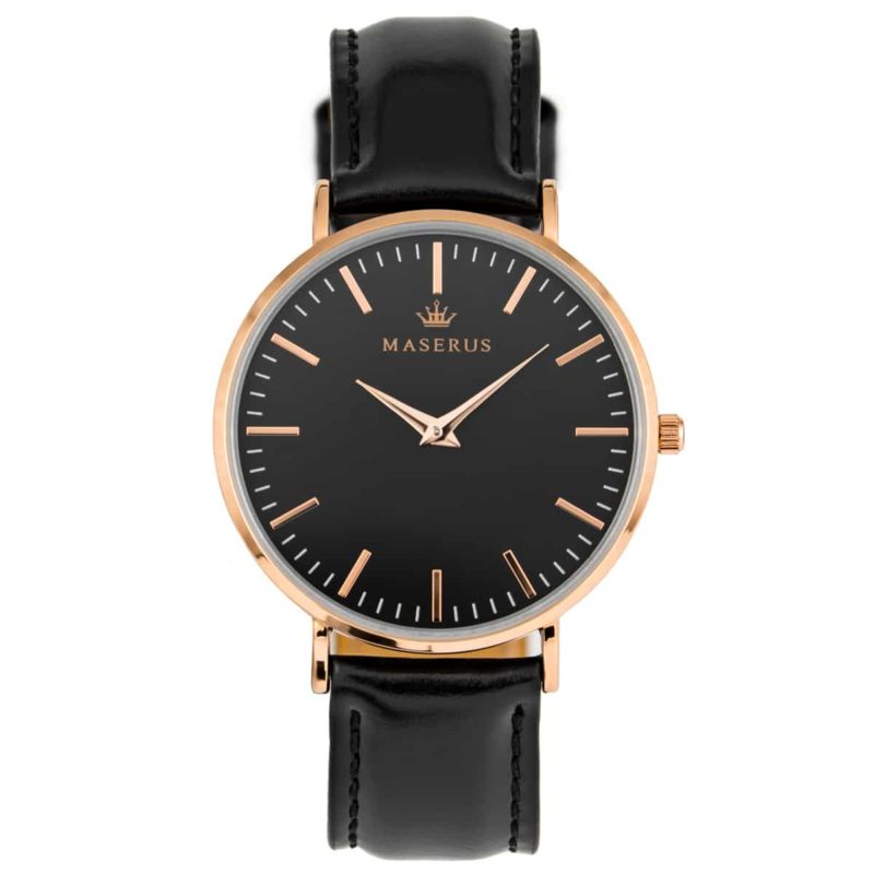 Main product image of womens rose gold case, black leather watch.