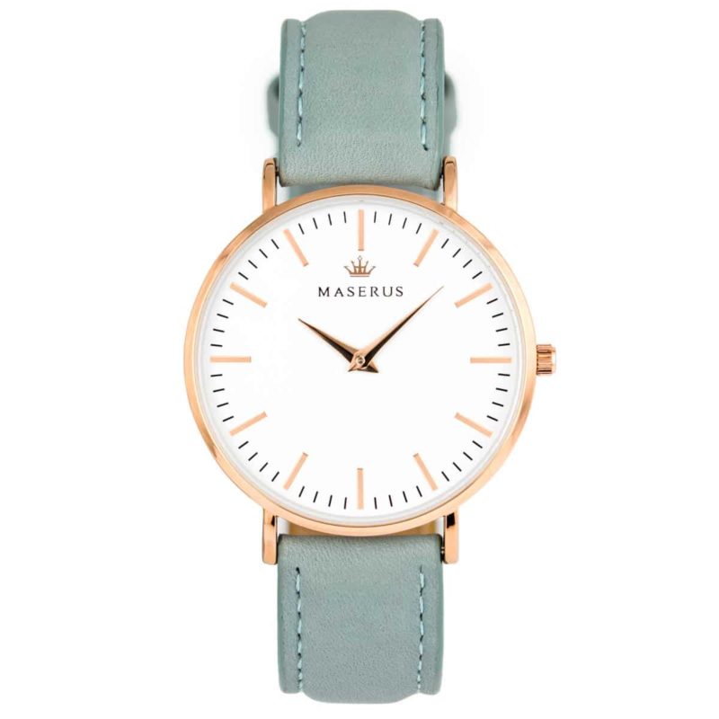 Main product image for womens rose gold case, azure grey. leather strap