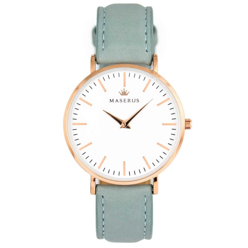 Main product image for womens rose gold case, azure grey. leather strap
